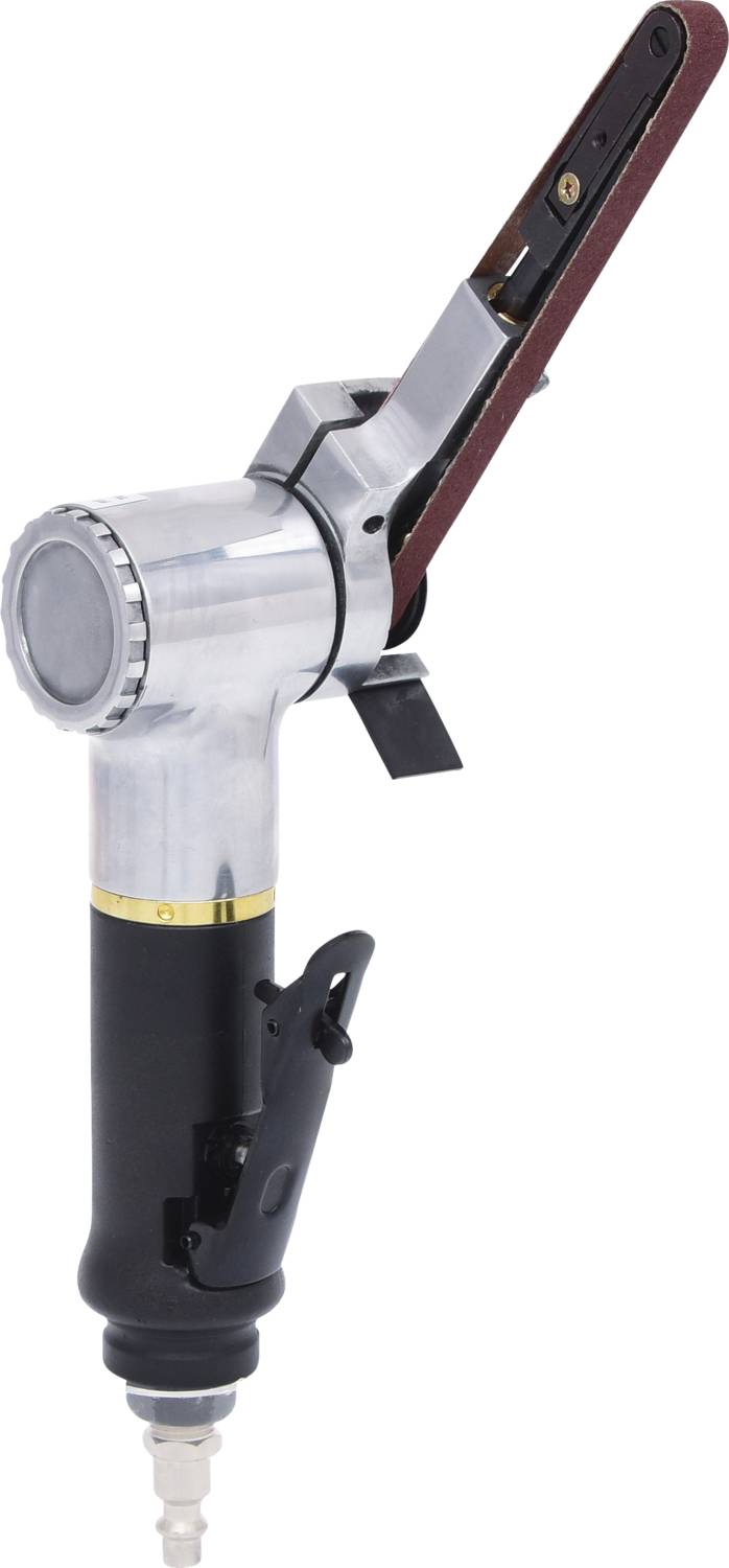 Air-powered narrow belt sander with an ergonomic handle and metal casing, suitable for precision grinding work.
