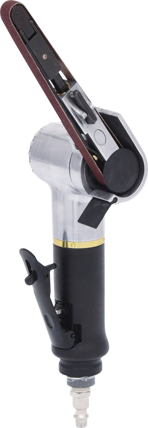 A handy, high-performance pneumatic tool with a sanding belt, suitable for grinding metal surfaces in workshops.