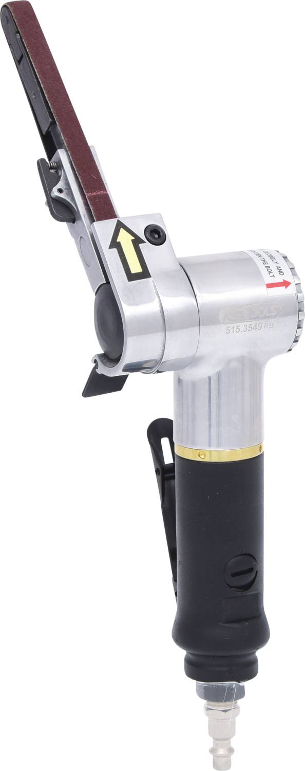 A pneumatic belt sander with a long sanding belt, black handle, and silver casing, suitable for grinding materials.