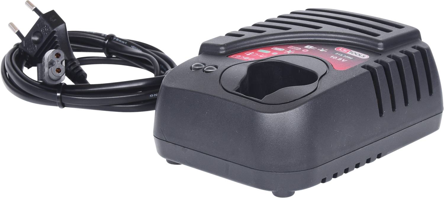 Black charger with power cable. It has a ventilation grille and a red indicator light on top; suitable for battery charging.