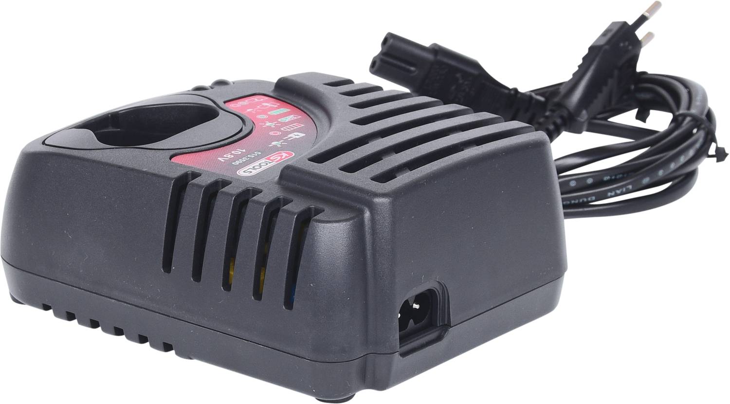 Black charger with red control panel and power cable, suitable for charging rechargeable batteries of various sizes.