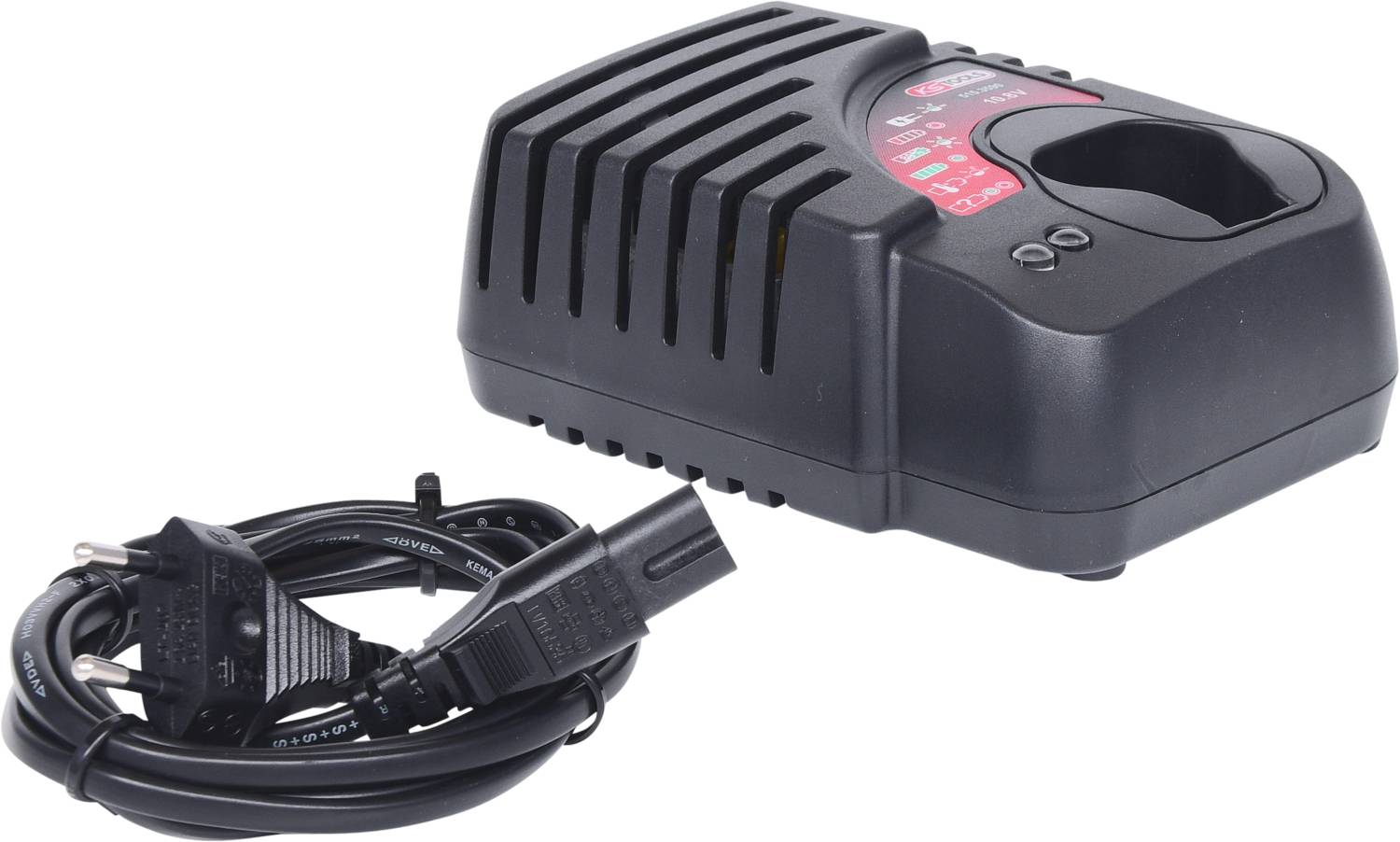 A black battery charger with a detachable mains lead beside it. The charger has a control panel with several buttons.