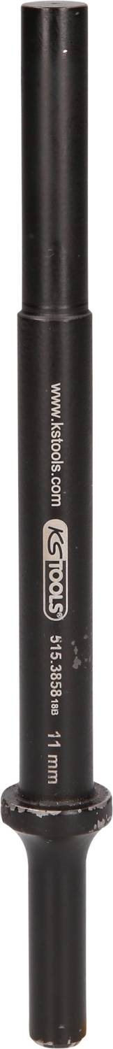 'Long, black writing instrument with silver logo and lettering in the centre, standing upright.'