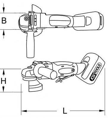 Technical drawing of an angle grinder. Shows side and top views with marked heights 'H' and lengths 'L', as well as width 'B'.