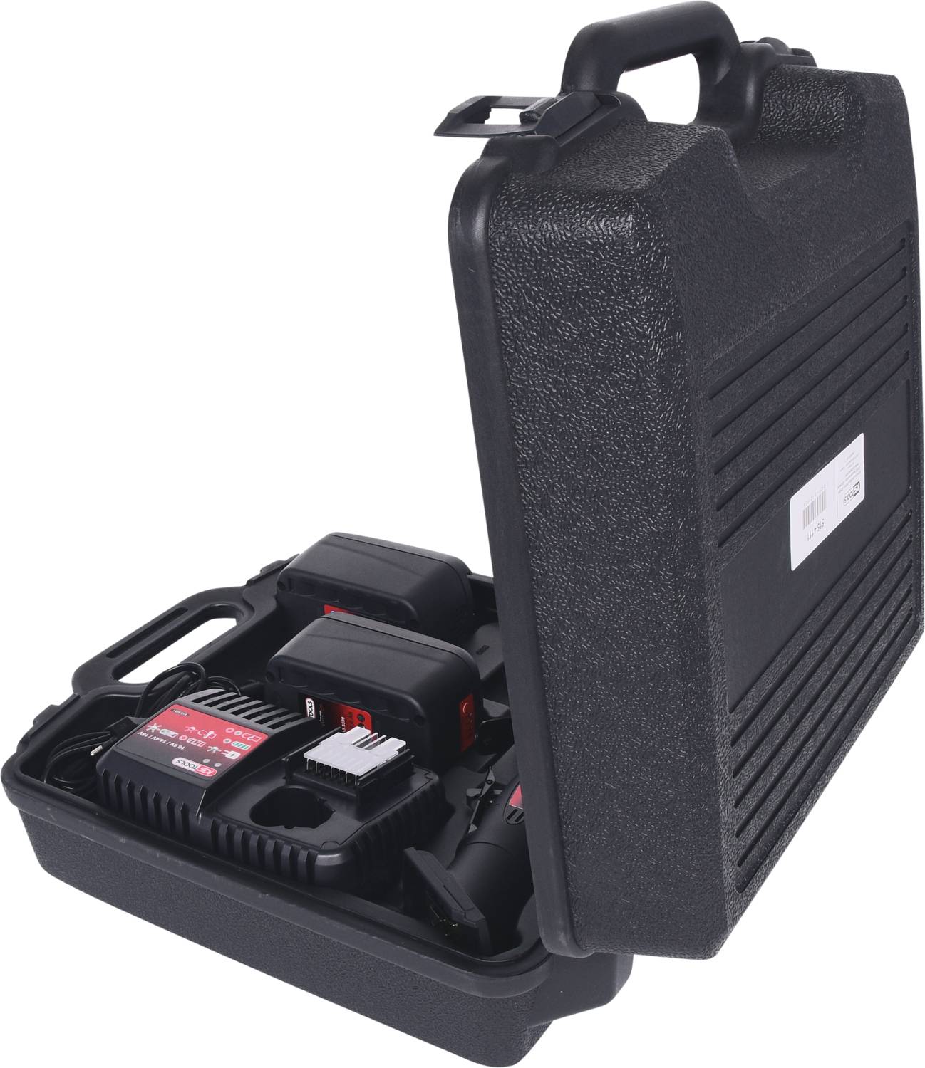 Black tool case opened, showing a charger and two batteries. Perfect for storing and transporting power tools.