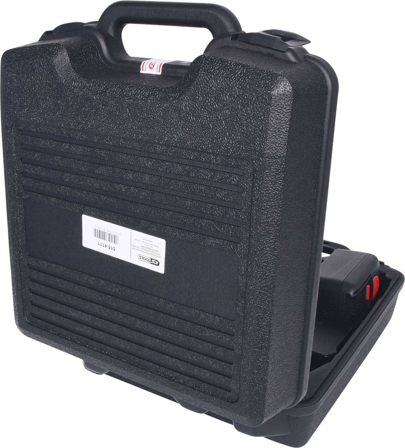 Black tool case, slightly open, with padded handle and security locks, revealing charger inside.