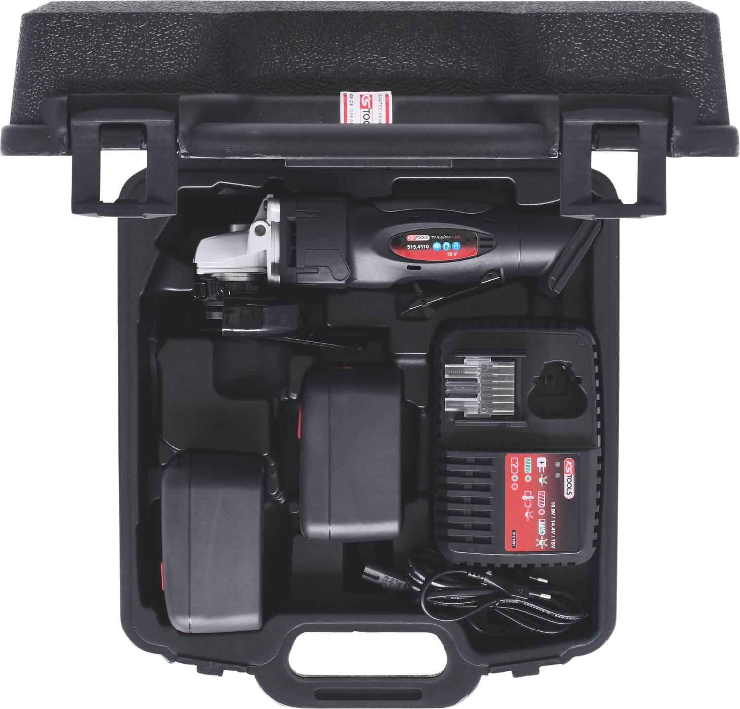 'Image of an opened tool case with an angle grinder, two batteries and a charger. The case has a black handle.'