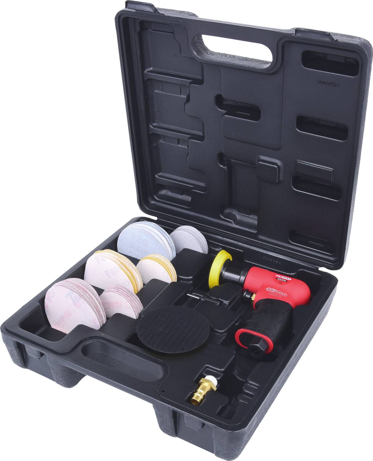 An open toolbox with sandpaper in various sizes and a red and black sanding machine.