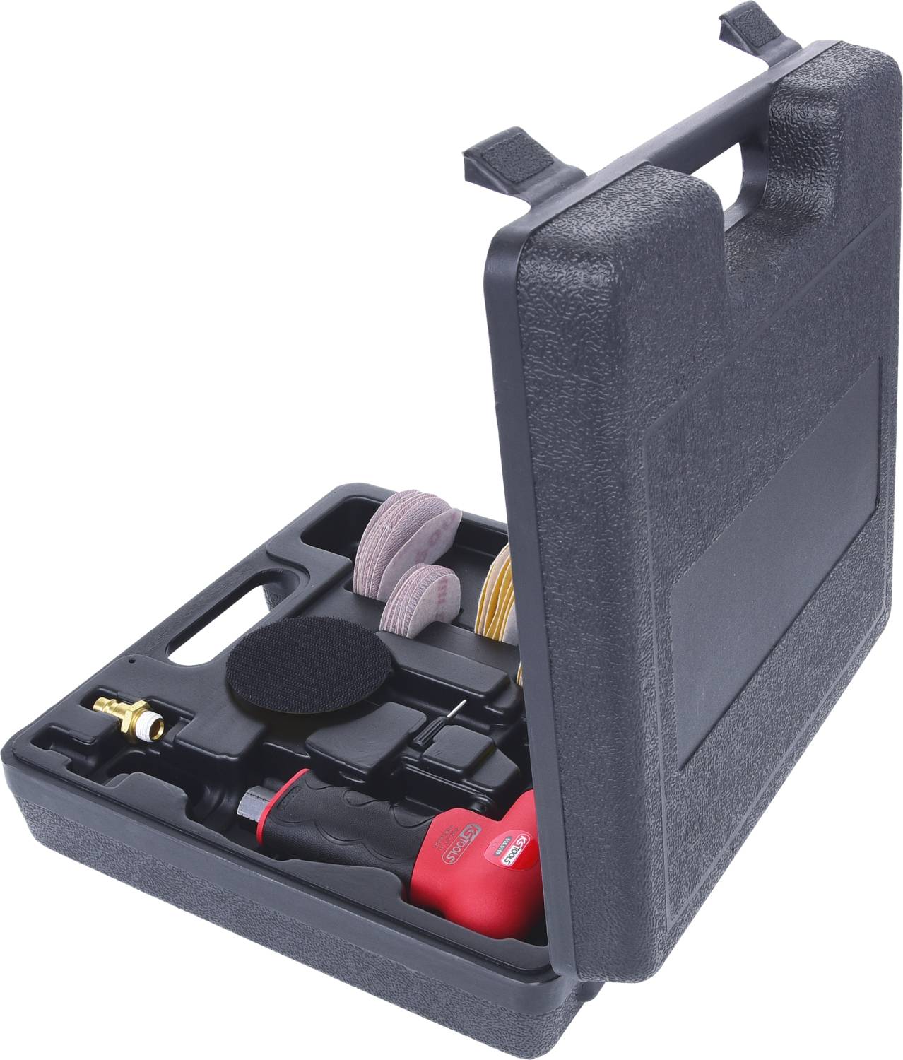 An open black tool case containing a red pneumatic angle grinder with various grinding discs and accessory parts inside.