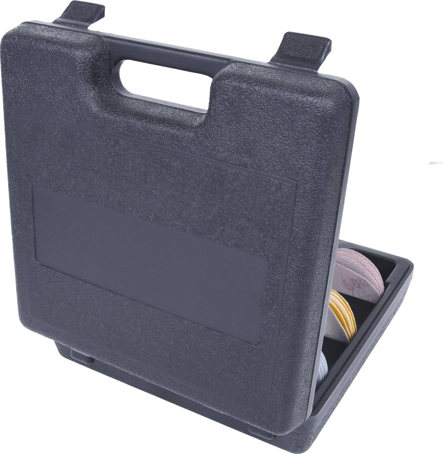 A black plastic carry case stands open, displaying several sorted blank CD or DVD discs in holders.