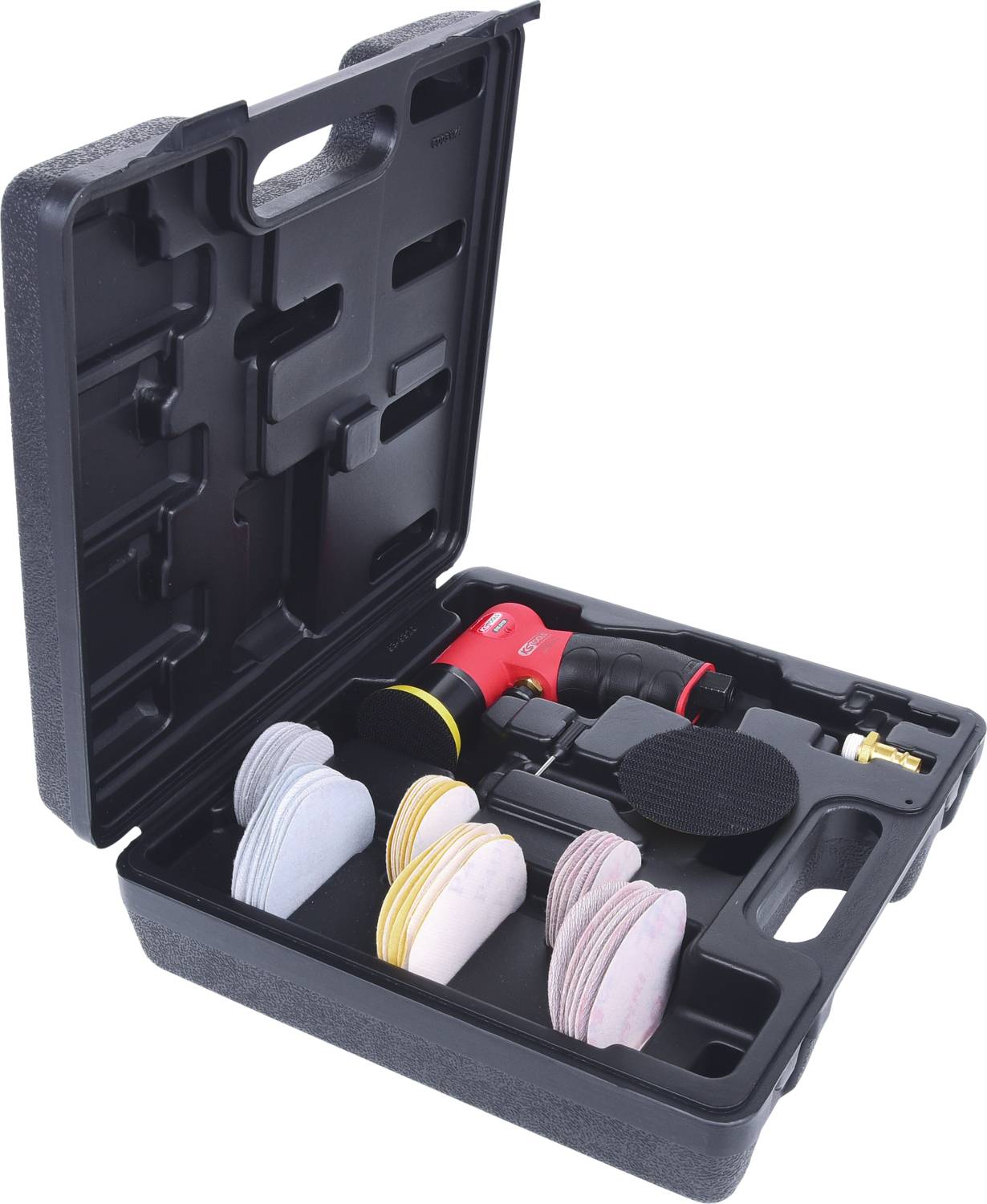 A red pneumatic orbital sander in an open black case, surrounded by sanding discs in various colours and a hose nozzle.