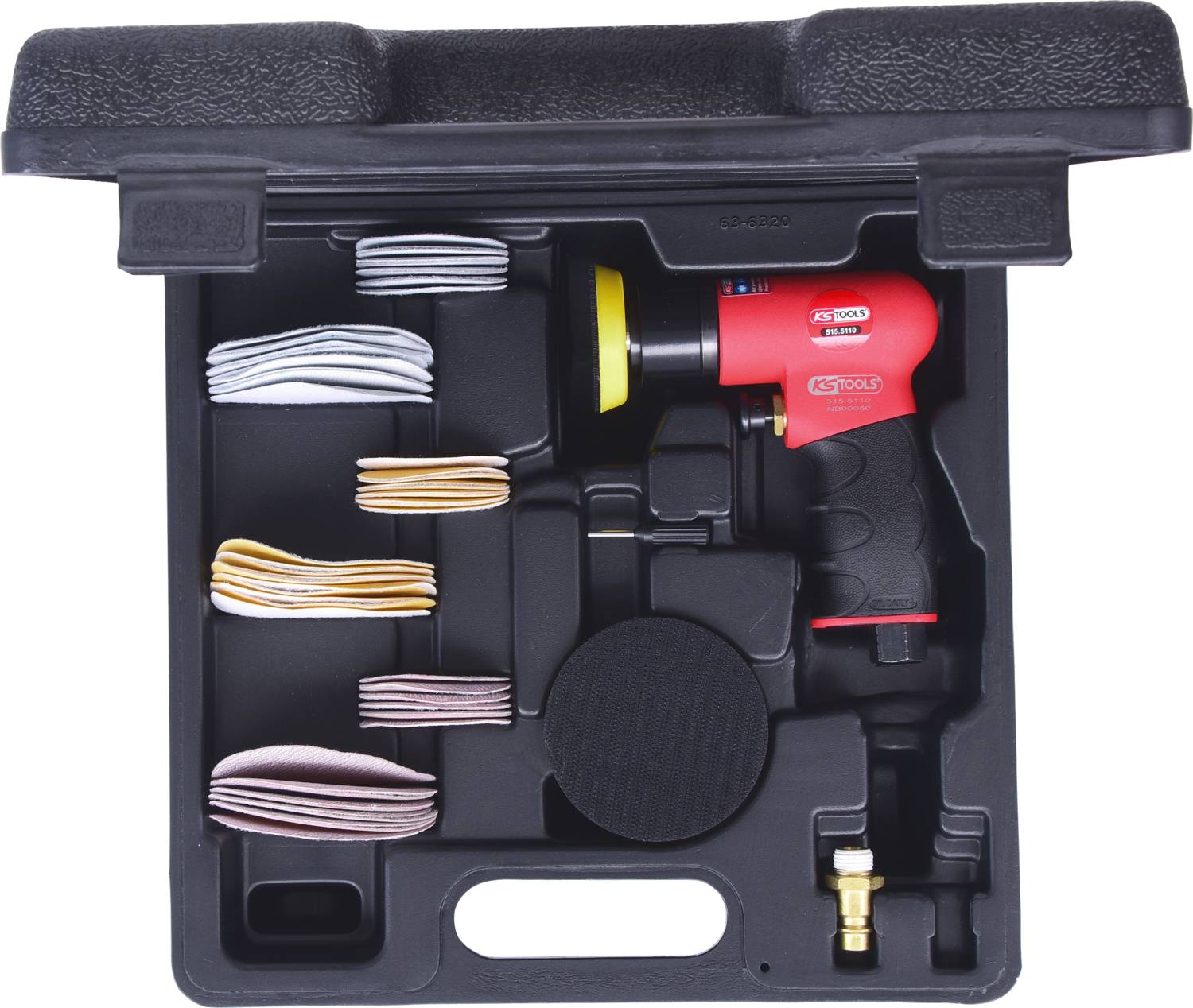 Polishing machine in an open black case with various polishing discs and accessories.