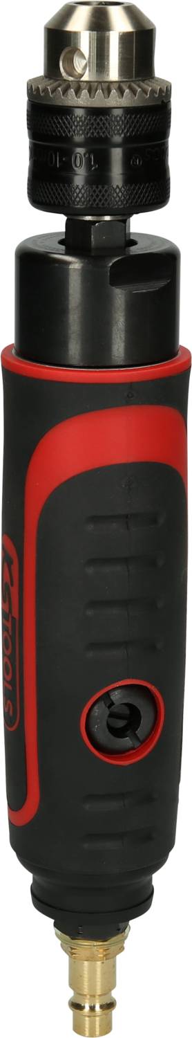 A black and red hand drill with an adjustable chuck, suitable for small drilling tasks.