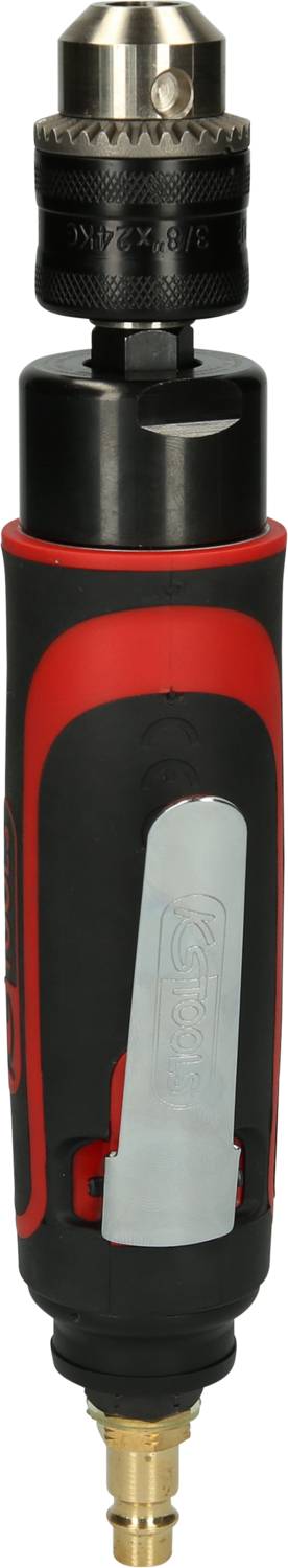 An electric screwdriver with a black and red handle, silver chuck, and a transparent switch on the side.