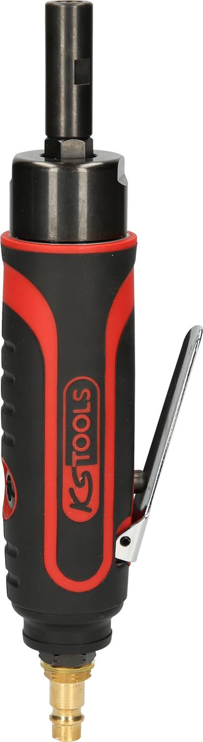 Air drill with red and black handle, lever on the side, suitable for precise drilling in the workshop.