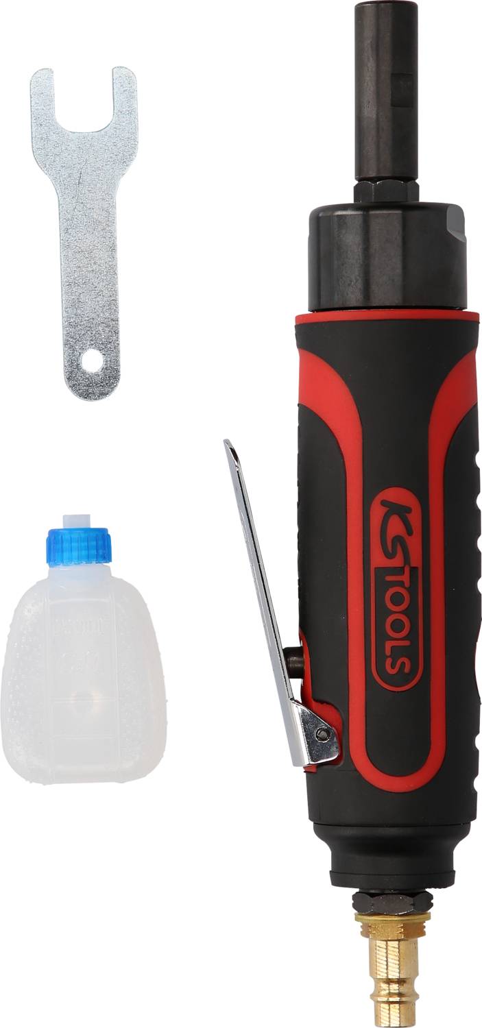 Pneumatic screwdriver with oil bottle and spanner. Ideal set for precise screw tasks in the workshop.
