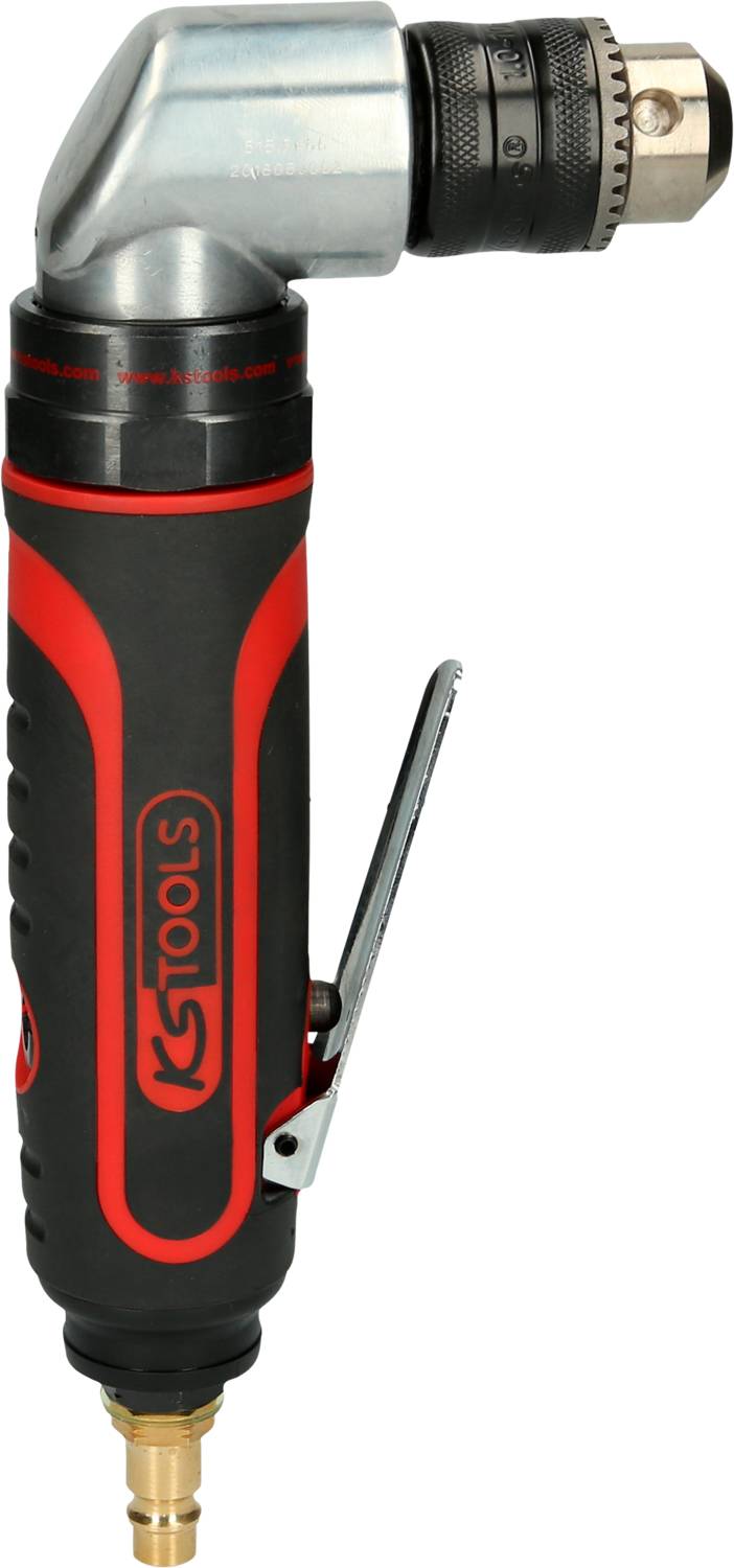 A pneumatic angle grinder with a red and black handle and a silver drill head. The device is compact and ergonomic.