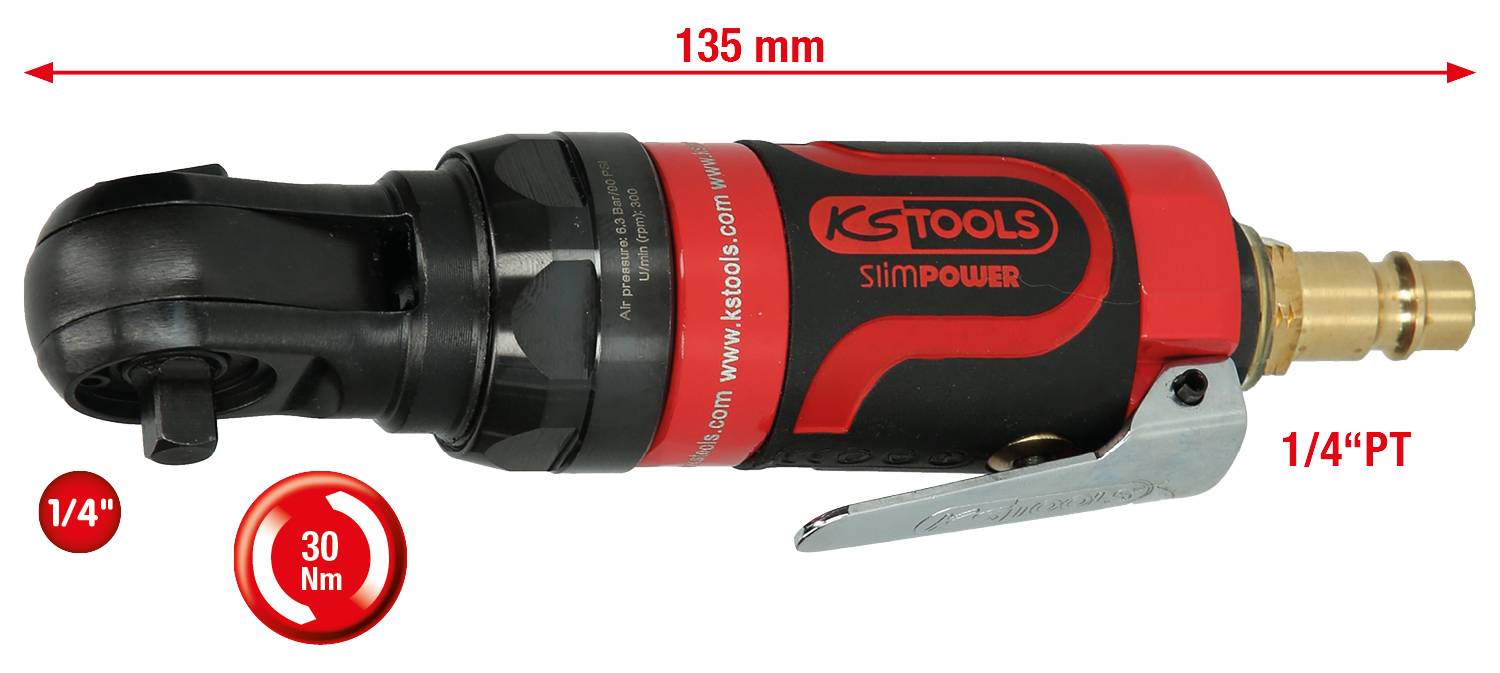The image depicts a pneumatic ratchet driver by 'KS Tools', 135 mm in length, with a torque of 30 Nm and a 1/4" connection.