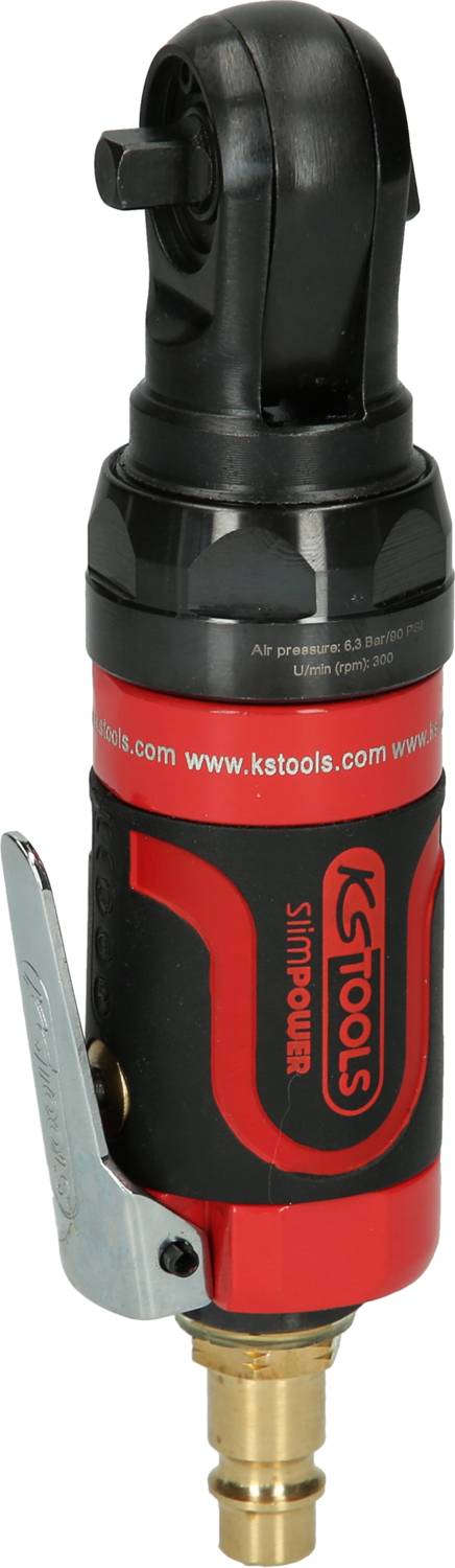 A red and black pneumatic tool with a metal switch and a rotary head. It has the 'KS Tools' brand printed on it.