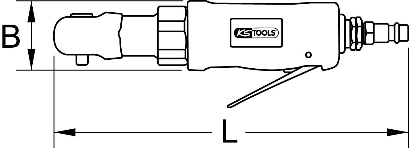 The figure shows a technical drawing of a pneumatic tool with dimensions B and L. Device with lever and logo.