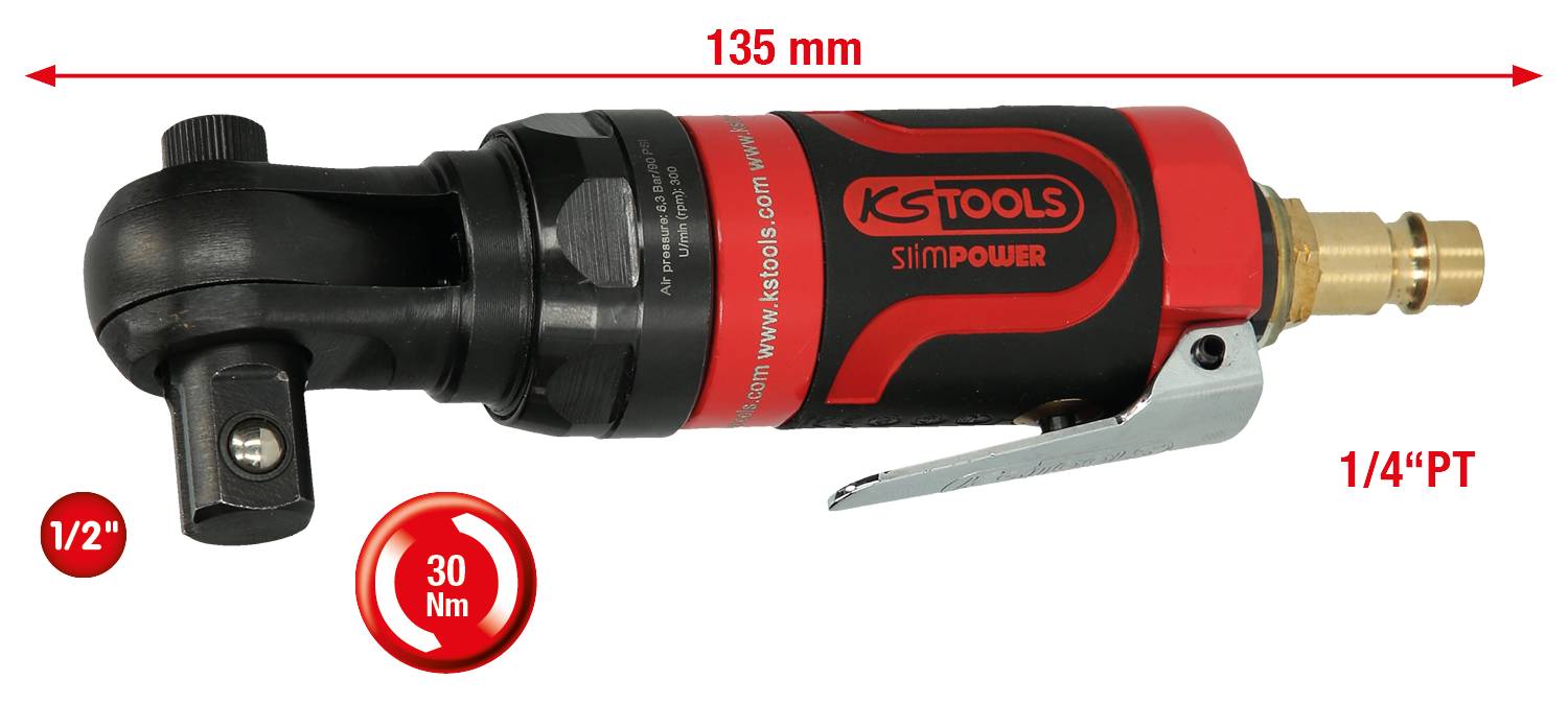 'KS Tools SlimPOWER' pneumatic ratchet with 135 mm length, torque 30 Nm. Size designation: 1/2", 1/4" PT.