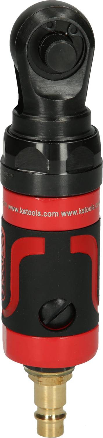 A red and black pneumatic impact wrench with brass fitting, suitable for use in workshops and for fastening screws.
