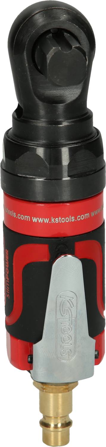 A pneumatic ratchet spanner with ergonomic design and red-black colouration. Rounded ratchet housing at the top, metal connection at the bottom.