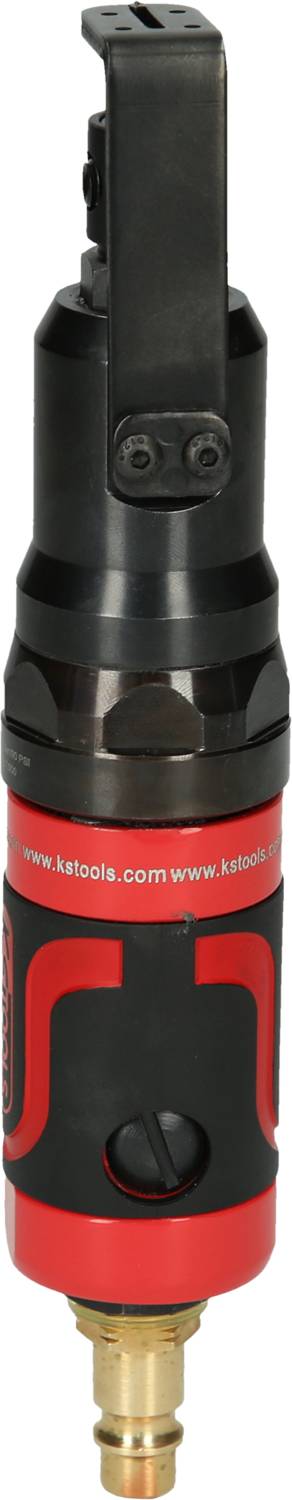 A red and black pneumatic tool with a metal tip. It has a brand website printed on it.