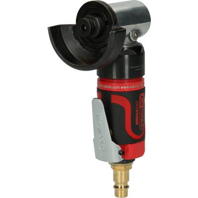 A red pneumatic angle grinder with a black handle and protective guard, suitable for precise grinding work.