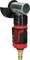 A red pneumatic tool with a black handle, silver head, and protective shield. Used for grinding or cutting.