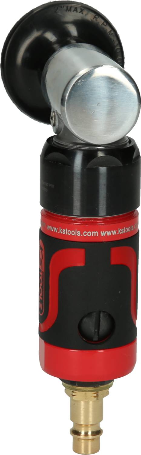 'Red pneumatic impact driver with black handle and brass fitting.'