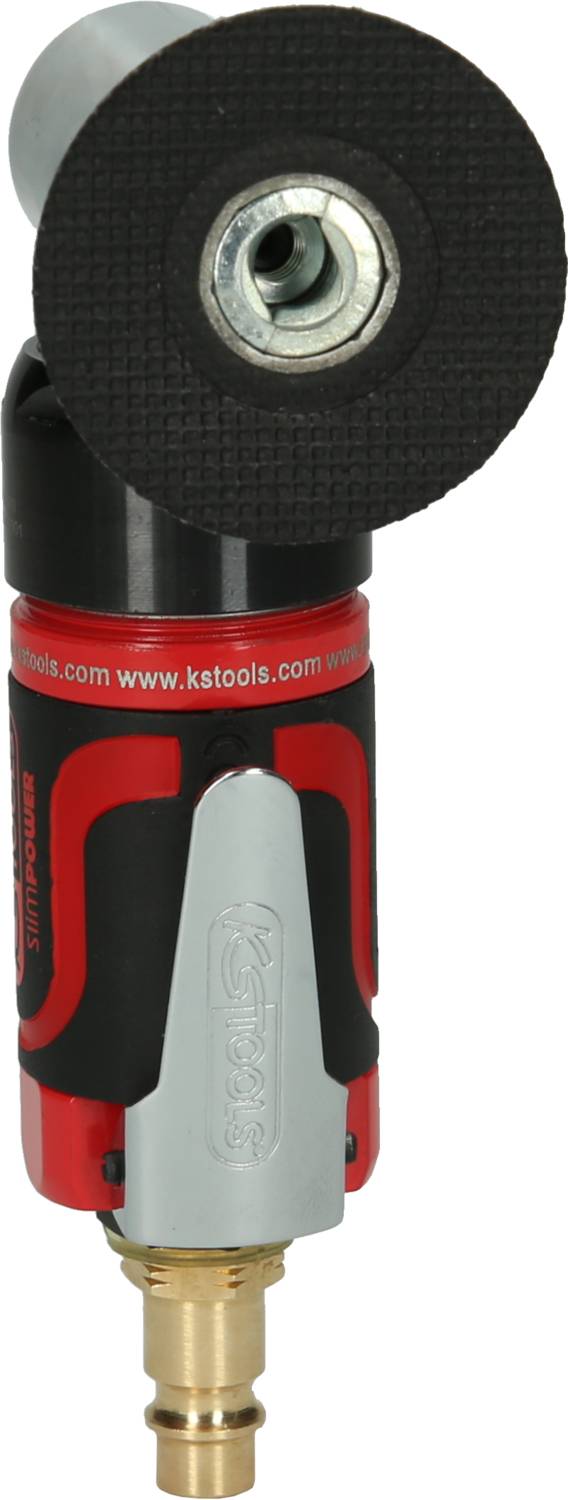 Air-powered angle grinder with a red and black housing, silver details, and a grinding disc, positioned vertically.