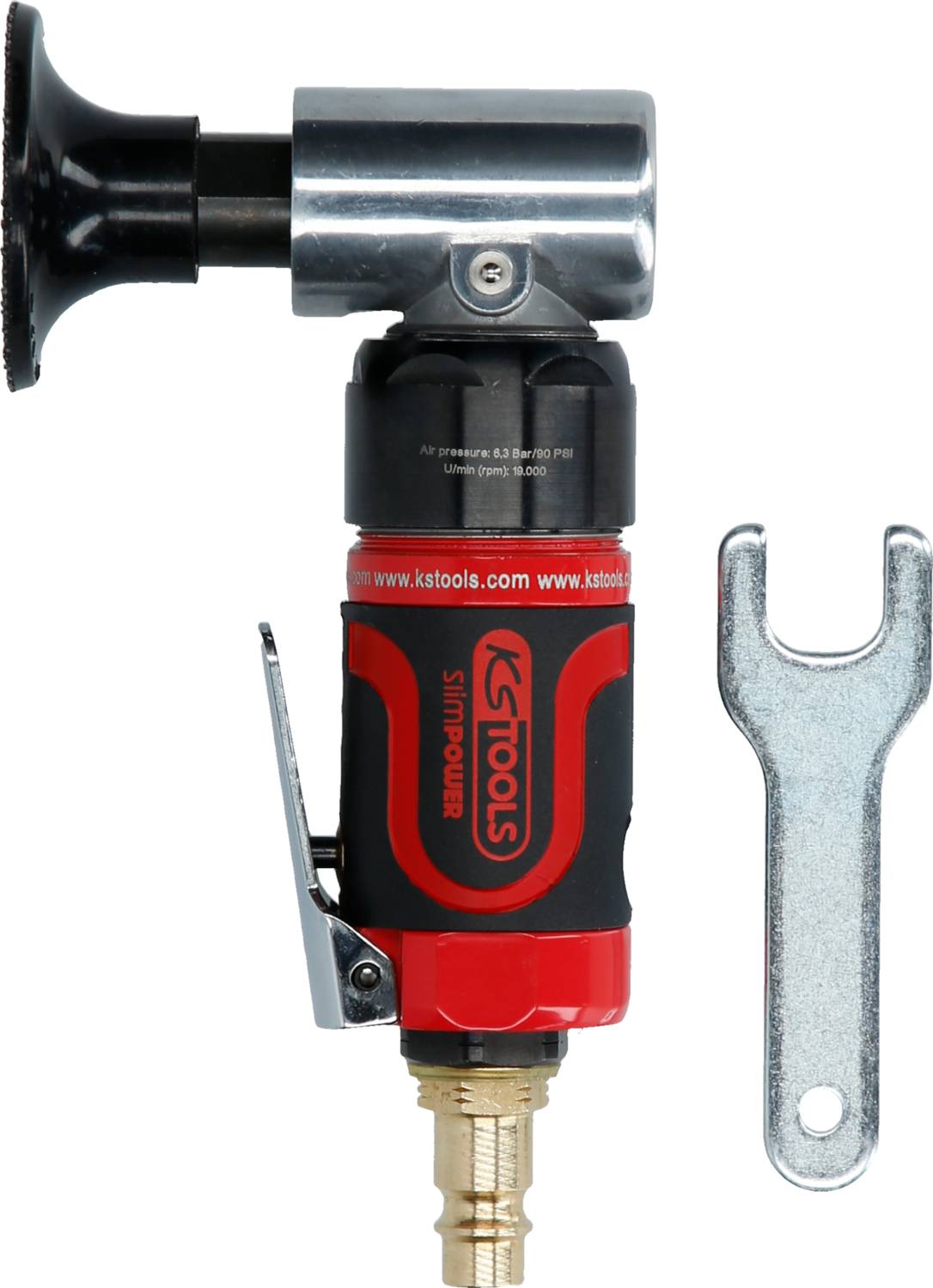 'Pneumatic grinding machine with KSTools logo and small spanner, suitable for precise grinding and polishing.'