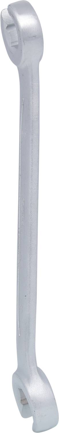 A silver ring spanner, suitable for hexagonal bolts, with an angled side for hard-to-reach locations.