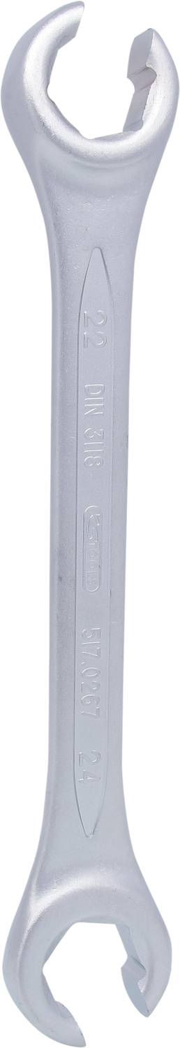 A silver spanner with an open jaw at both ends, suitable for tightening or loosening nuts and bolts.