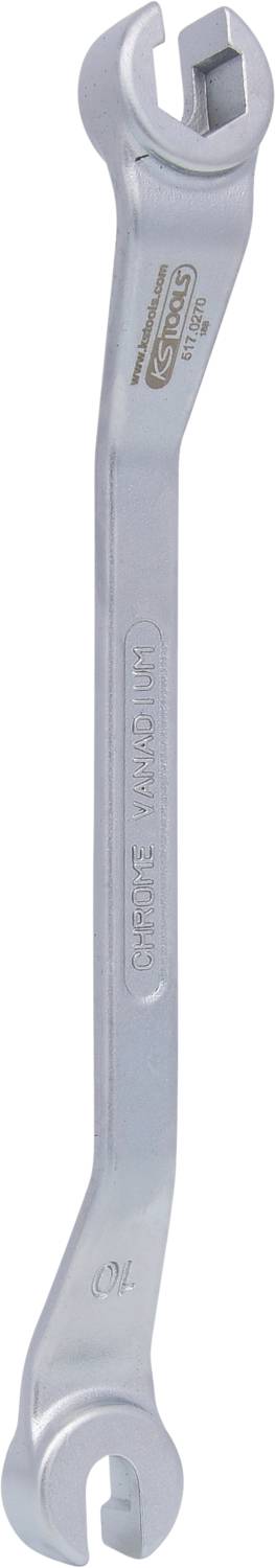 Metal spanner with two open ends, one end smaller. Suitable for various screw sizes.