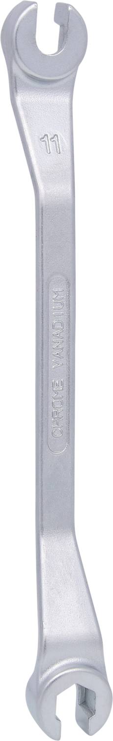 A silver metal fork spanner, suitable for tightening or loosening nuts or bolts in technical applications.