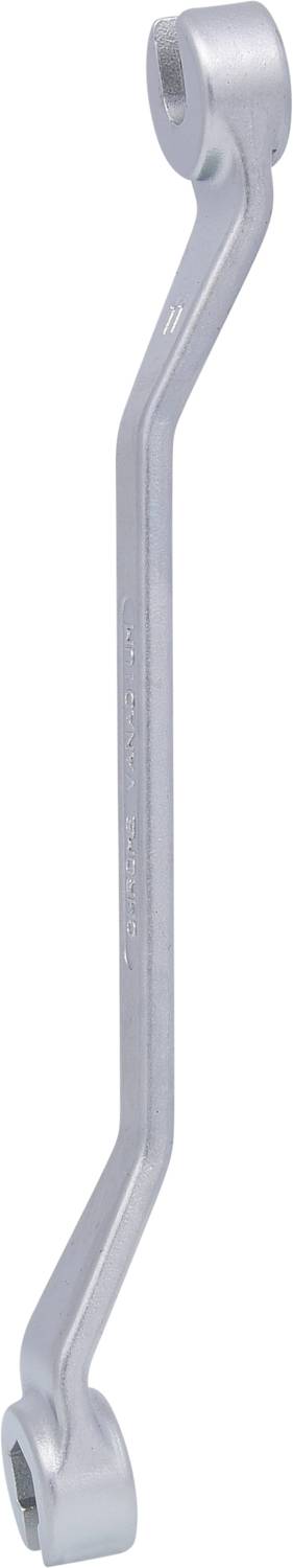 A silver, double-ended ring spanner with a curved handle, suitable for working in hard-to-reach areas.