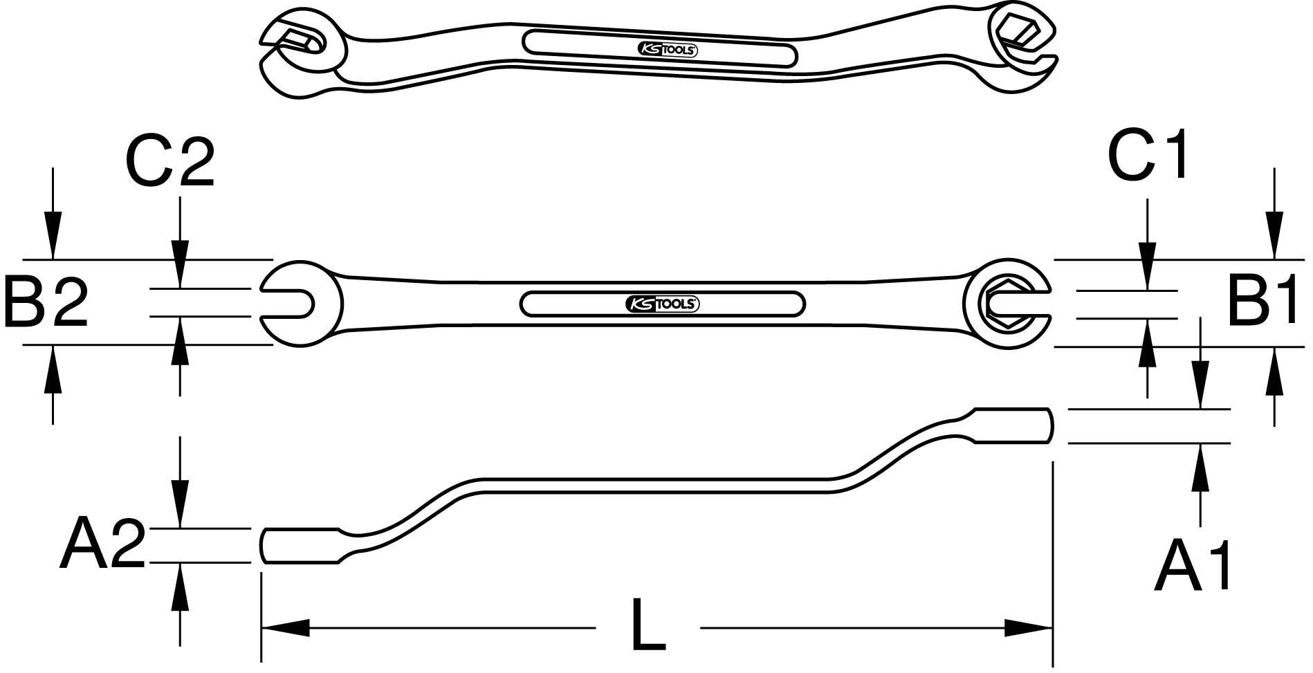 Figure of a double-sided spanner with labels indicating dimensions: C1, C2, B1, B2, A1, A2, L.