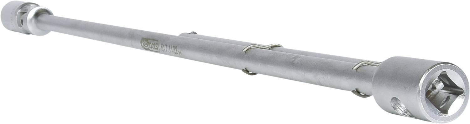 Long metal ratchet with socket attachment, suitable for use in mechanics or repair work.