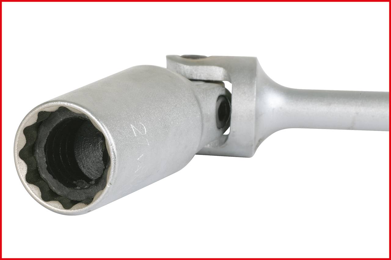 Socket wrench with universal joint, used for hard-to-reach screws, shown in close-up on a white background.