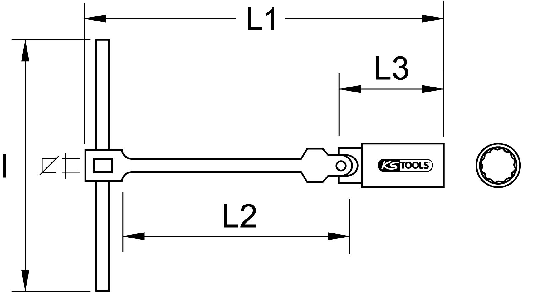 Technical drawing of a tool by KS Tools. Shows dimensions L1, L2, L3 and bore diameter ø. Main components clearly illustrated.