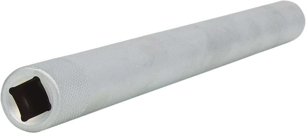 Long silver spanner with a round shape and square opening, used for tightening or loosening nuts.