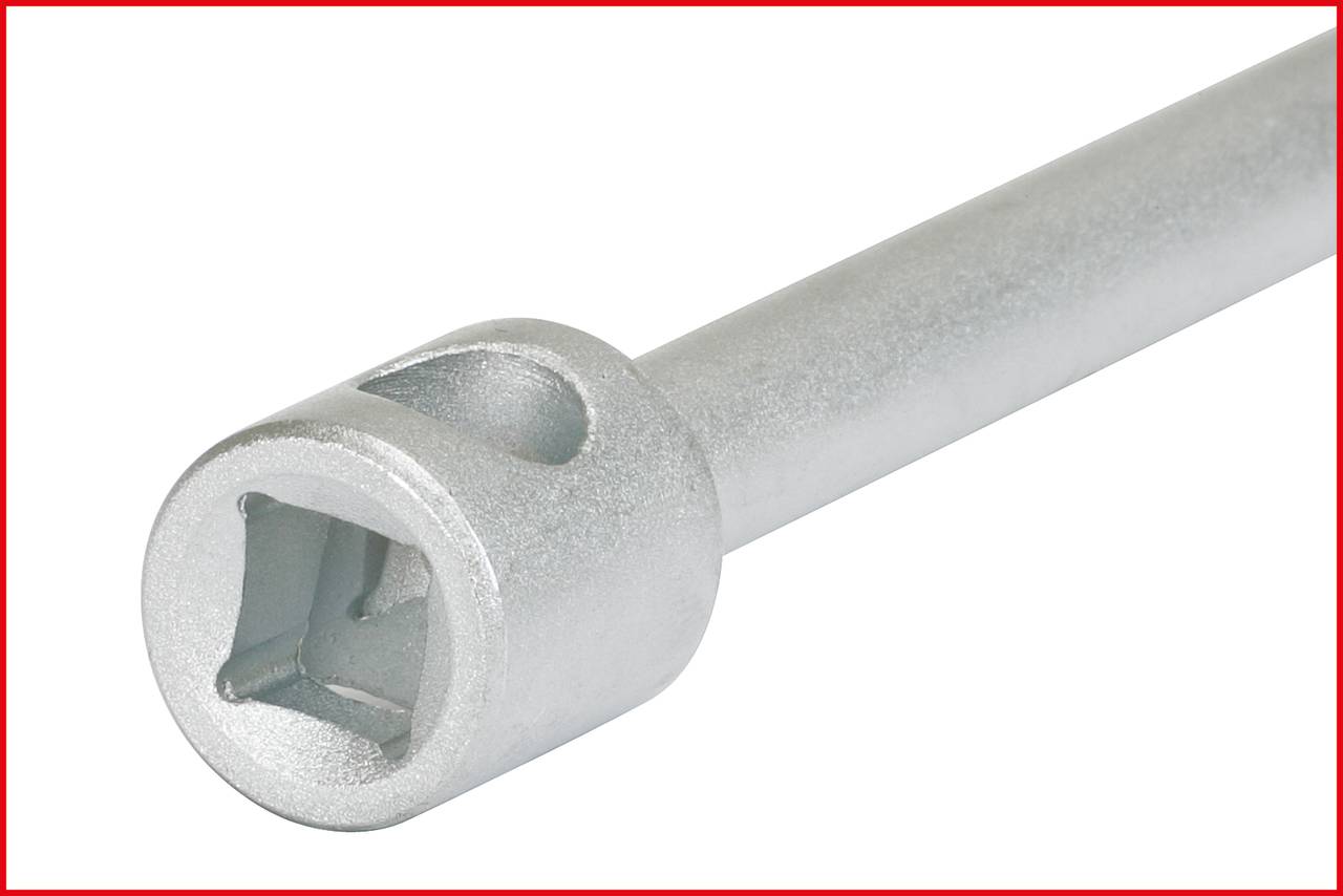 A silver extension bar for socket wrenches, primarily used in automotive mechanics, with a square internal profile.