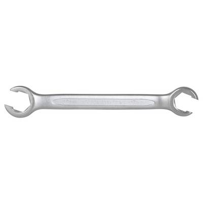 A silver adjustable spanner with two open ends of different sizes lies flat on a white background.