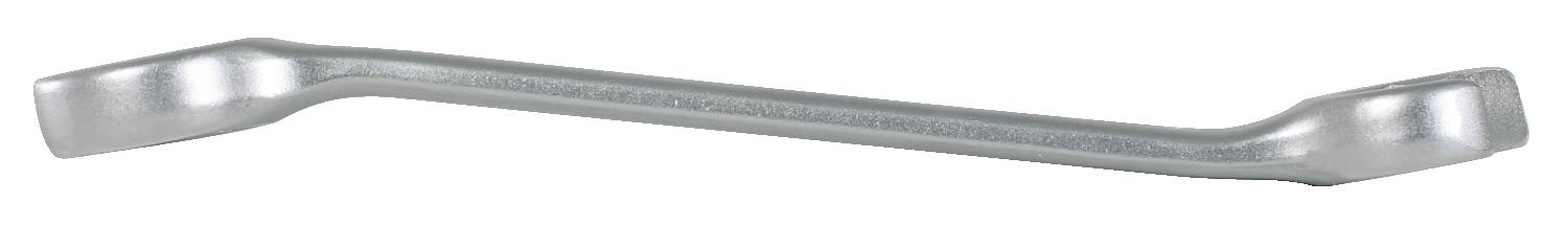 Silver double-ended spanner with two differently sized heads for tightening and loosening screws and nuts.