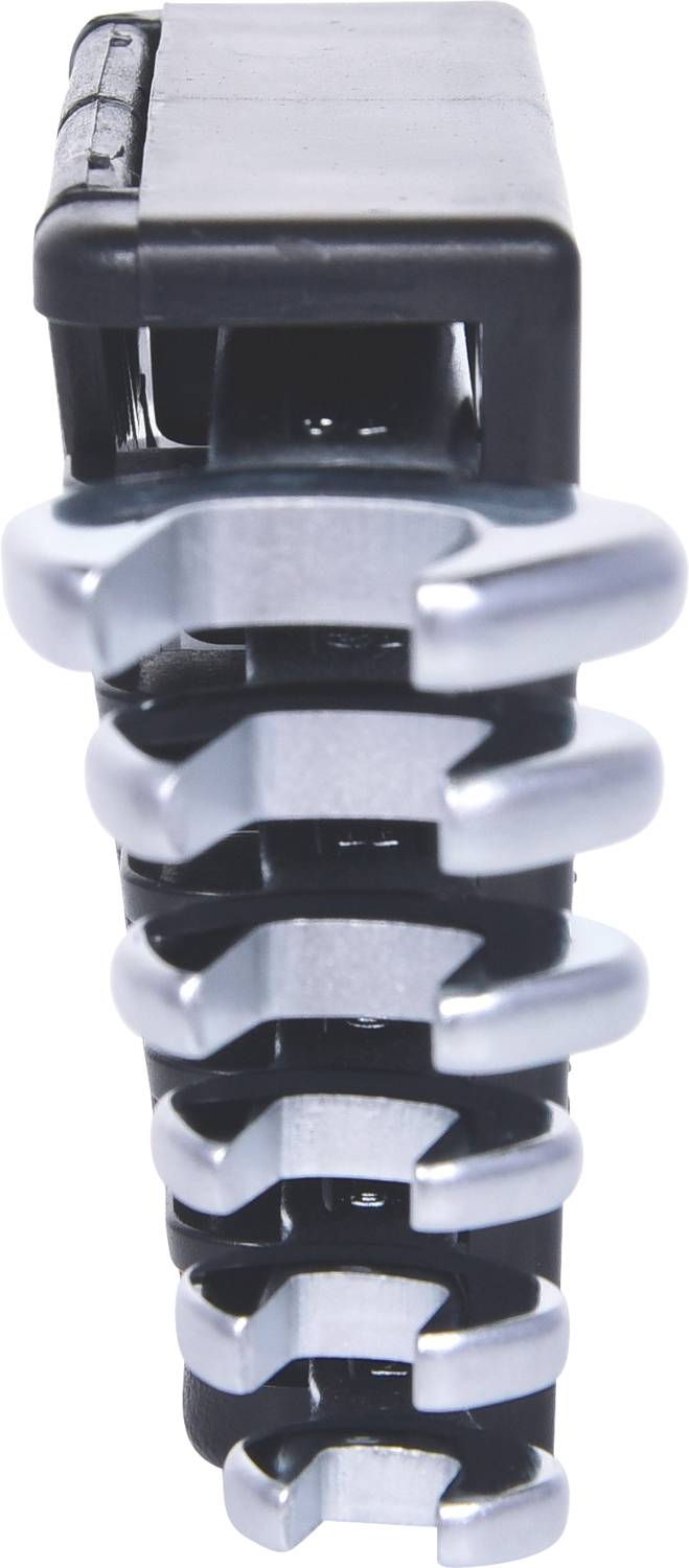 A set of silver spanners in ascending size, standing upright and viewed from the side.