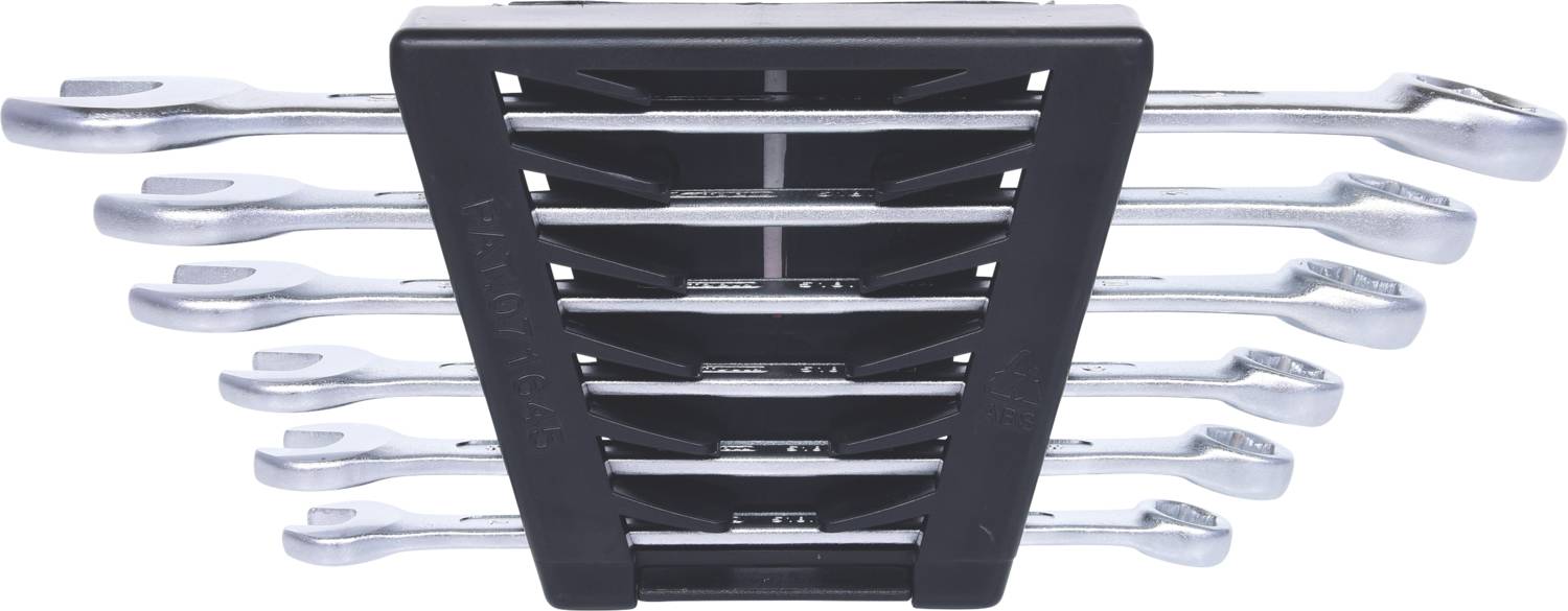 A set of eight silver spanners in a black holder, arranged from small to large, viewed from the side.