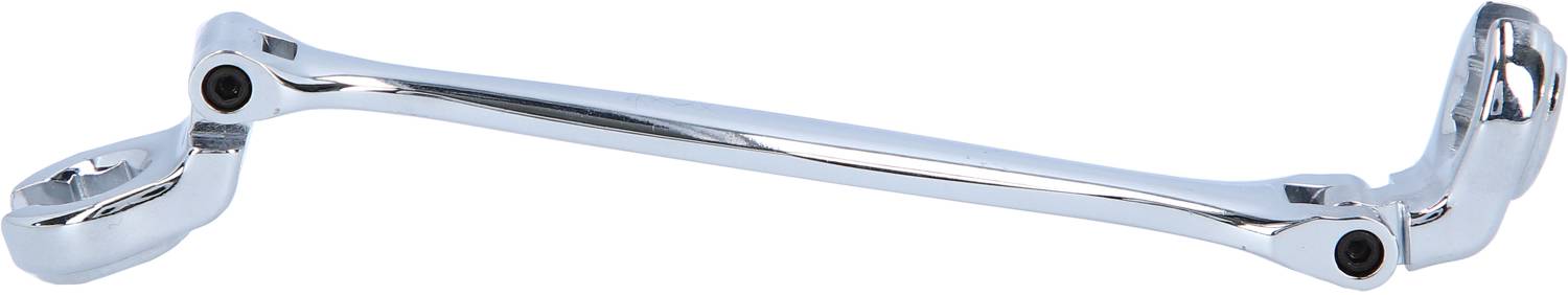 A gleaming metal lever in a curved shape, possibly a lever arm for a mechanical system.