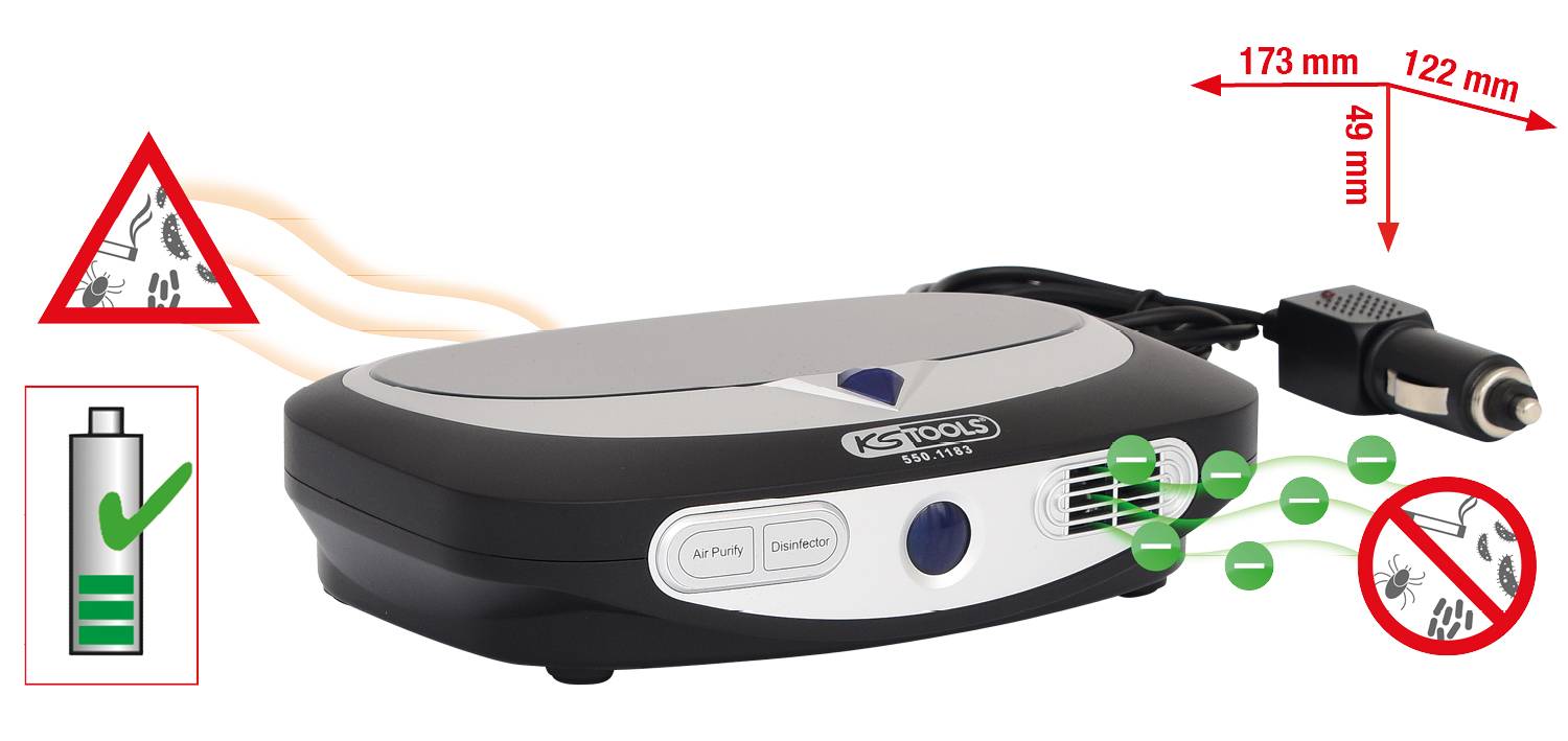 Car air purifier with dimensions (173 mm x 122 mm x 49 mm). Includes symbols for air flow, insect repellent, and battery indicator.
